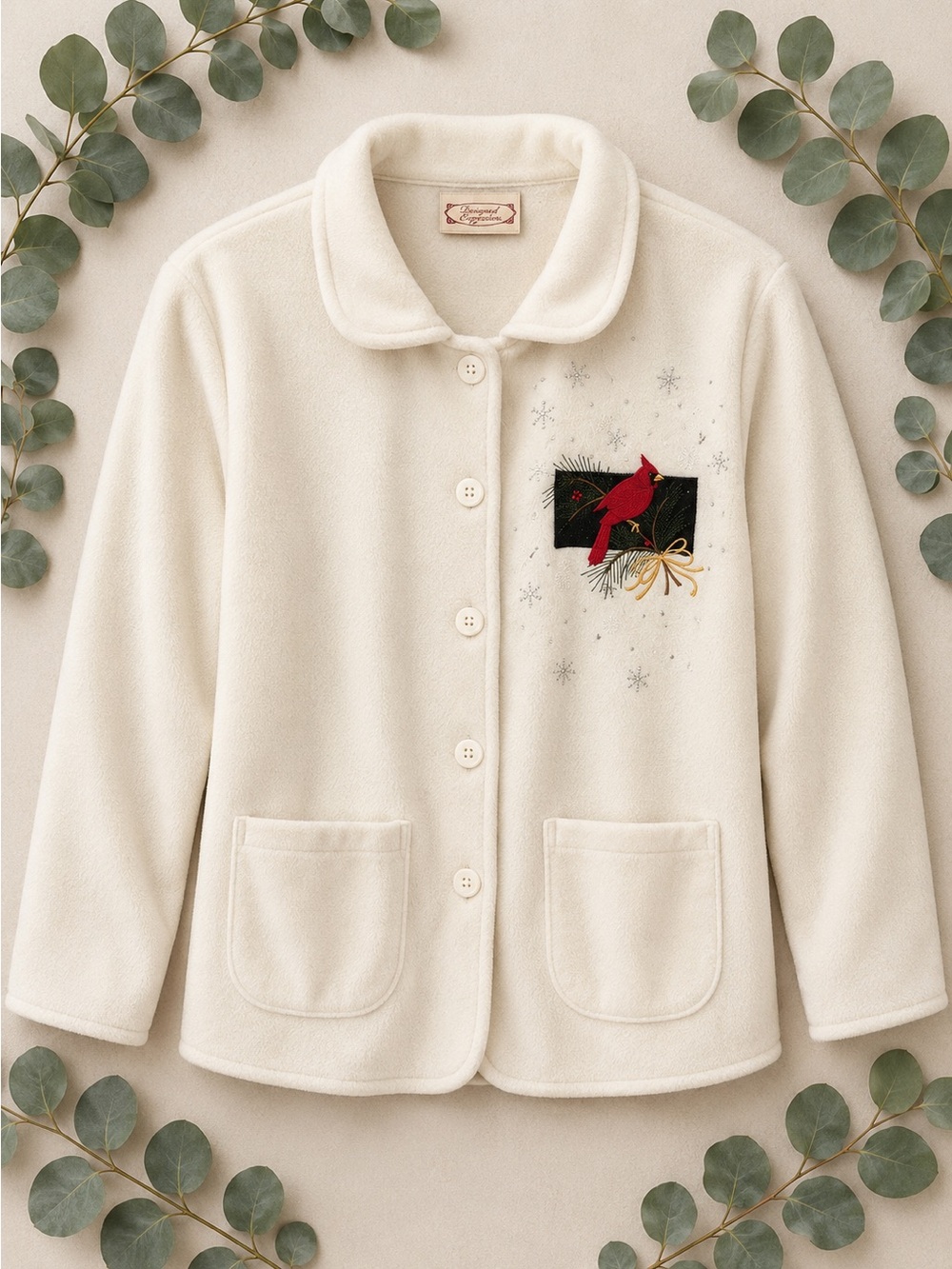 Vintage Cardinal Embroidered Fleece Jacket Cozy Holiday Cardigan Medium